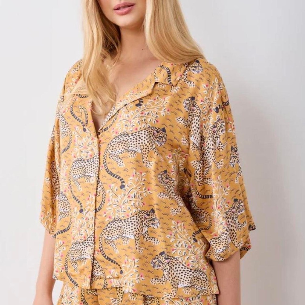 Yellow leopard print button up shirt Eco Satin Sweet Dreams Top in Bagheera
